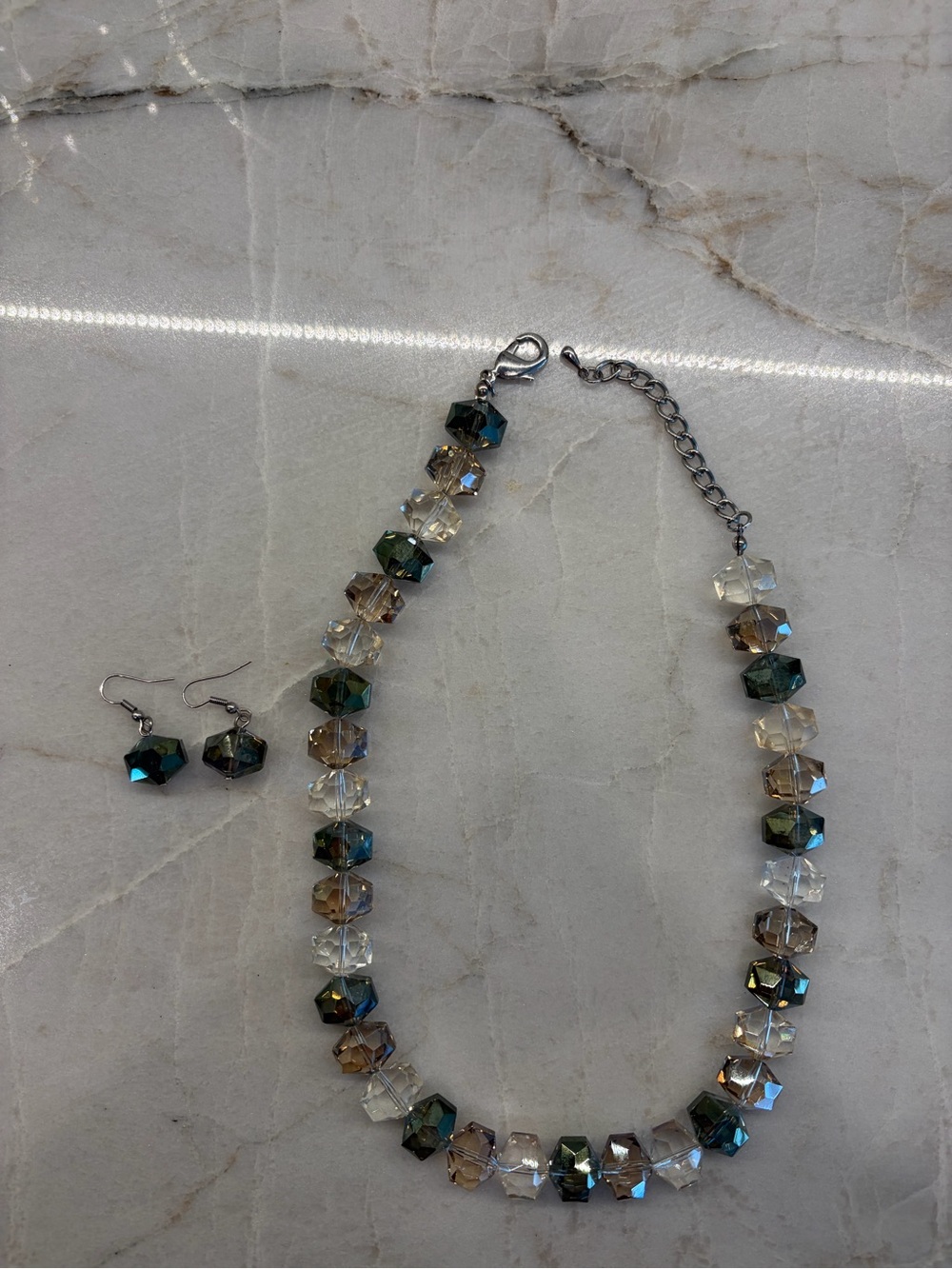 Necklace and earring combo: sage green and silver
